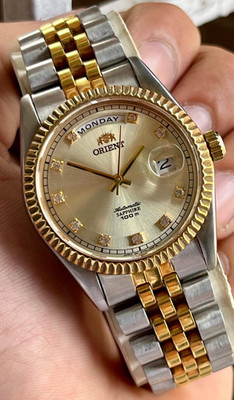 Vintage Orient Automatic Day-Date Sapphire 100M Two Tone Gold Silver Diamond Dia