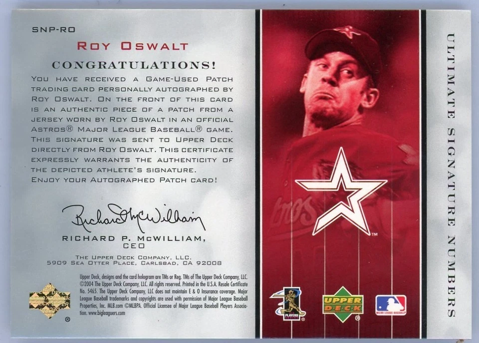 2004 UD Ultimate Signature Numbers Roy Oswalt Game Used Patch Auto /44 Astros - Image 2 of 2