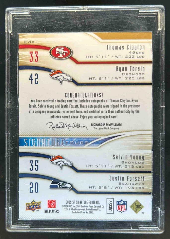 2009 SP Signature Torain Selvin Young Thomas Clayton Justin Forsett Auto #/15 - Image 2 of 2