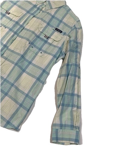 Columbia PFG fishing shirt L plaid blue green women roll tab Super Bahama - Picture 2 of 11