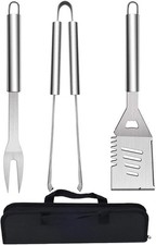 3-Piece Stainless Steel BBQ Tool Set with Carry Bag – Tongs, Spatula & Fork
