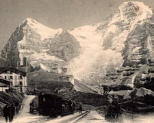Antique RPPC Wengernalp RR Station Eiger Z& Monch Alps Train Switzerland c1900s