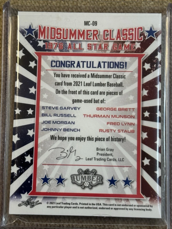 2021 Leaf Lumber Midsummer Classic 3/6 - 1976 All-Star Game MUNSON BRETT СКАМЕЙКА - Изображение 2 из 2