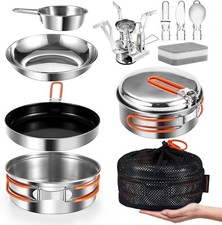 Odoland 10pcs Stainless Steel Camping Cookware Camping Pot and Pan Set with Port