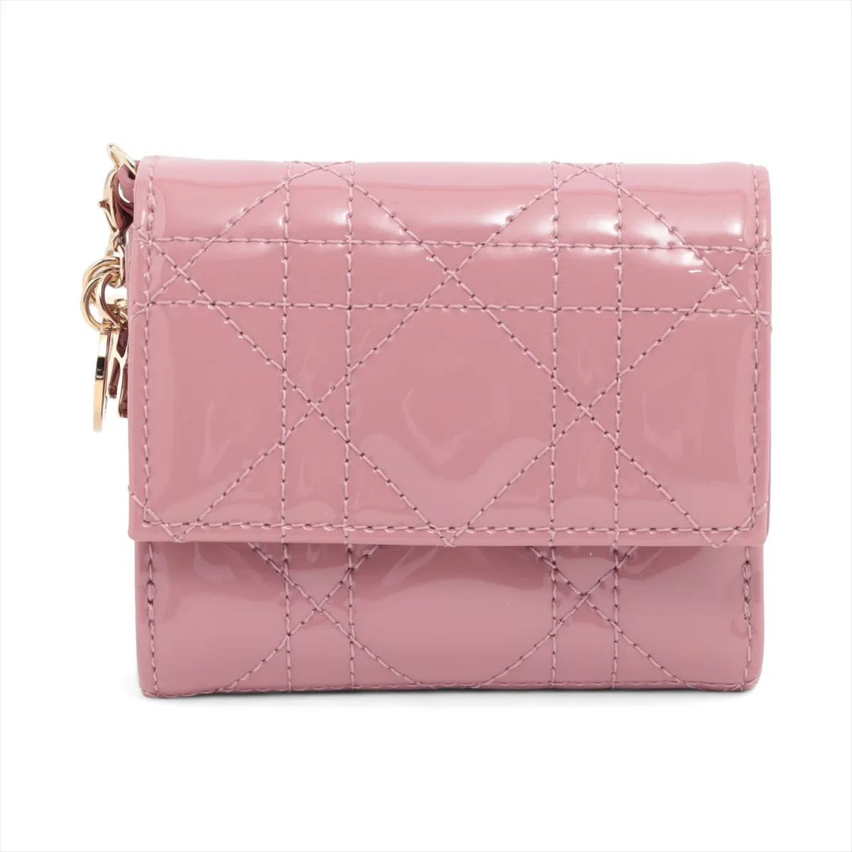 Dior Lady Dior Cannage lotus wallet Patent Leather Compact Wallet Pink