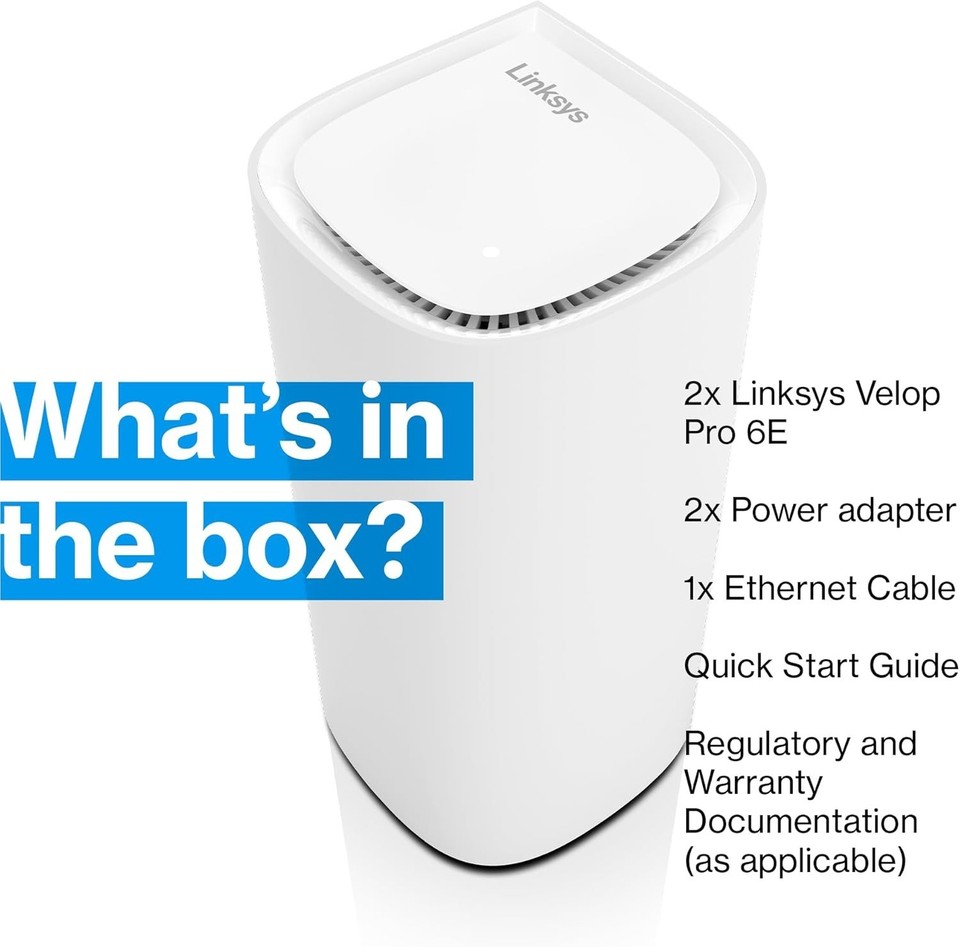 Linksys Velop Pro WiFi Mesh Tri-Band MX6202 (2 Nodi) - WiFi 6E, Copertura Fino A 280 Mq