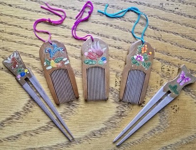 A set of 5 Wooden Painted Chinese Hair Dressing Combs and Pins