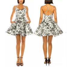 B. Darlin Dress Junior's Size1/2 Silver Black Floral-Jacquard V-Neck X-Back NWOT