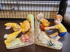 Winnie the Pooh Stuck Vintage Ceramic Bookends w/ Rabbit & Christopher Robin