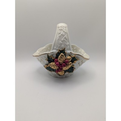 Vintage White Ceramic Holly Berry Pinecone Trinket Basket Candy Dish Gold Trim