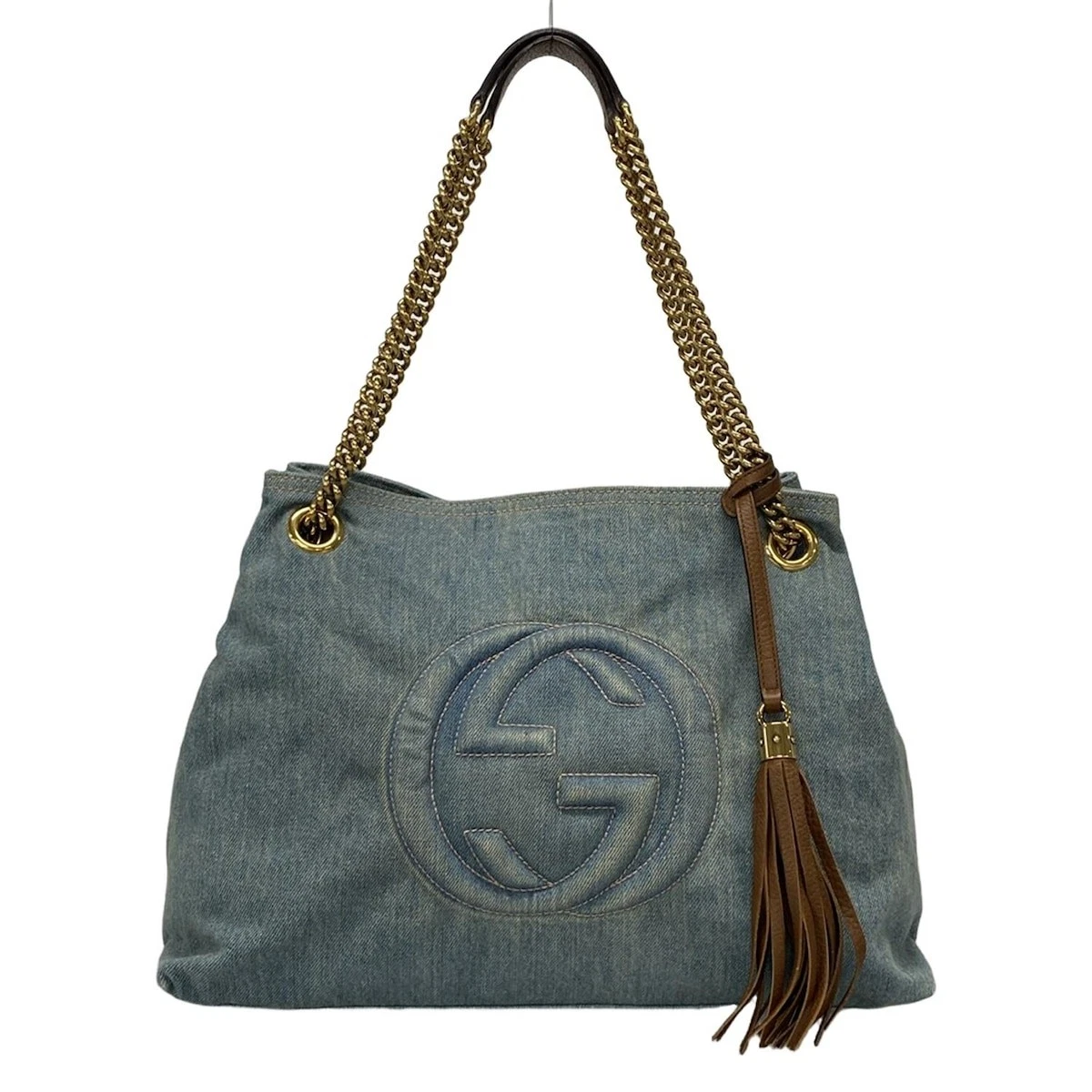 Authentique sac fourre tout GUCCI Soho 308982 bleu clair marron foncé denim cuir