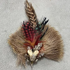 Vintage German Gamsbart Hunter Hat Brooch Trophy Teeth Feather Oktoberfest Pin