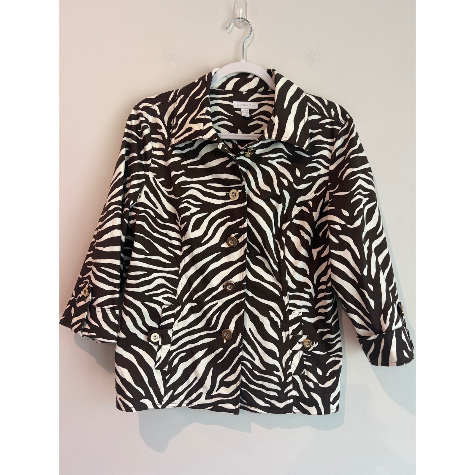 Charter Club Women's Zebra Print Button Up 3/4 Sleeve Blazer Jacket Size Large
