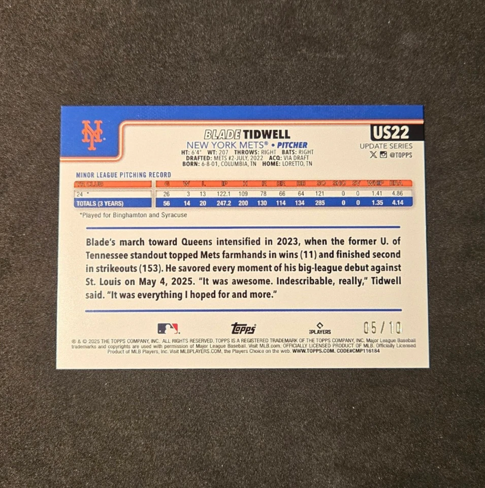 2025 Topps Update BLADE TIDWELL Rookie BLACK RAINBOW FOIL Parallel /10 RC Giants - Image 2 of 2