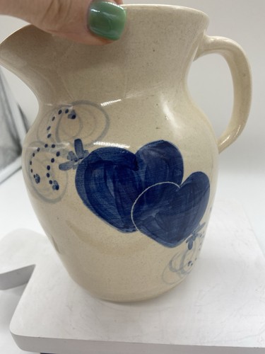Ellis Prod Pottery Marshall Texas Pitcher Blue With Hearts Vintage - Picture 10 of 11