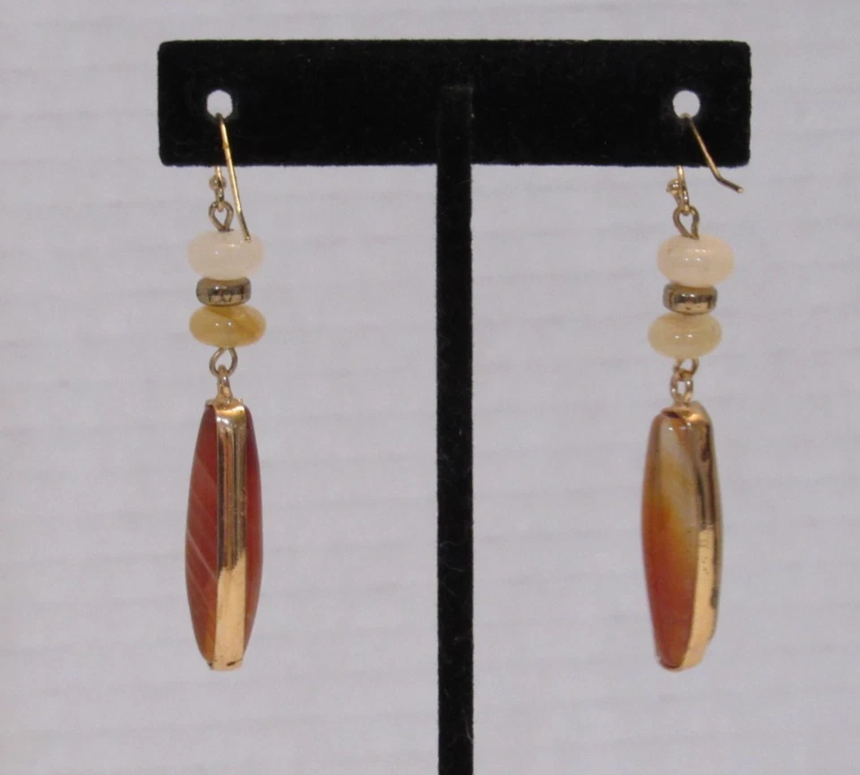 Gold Tone Carnelian Carmel Banded Wrapped Agate Dangle Earrings Boho Chic - Image 3 of 4
