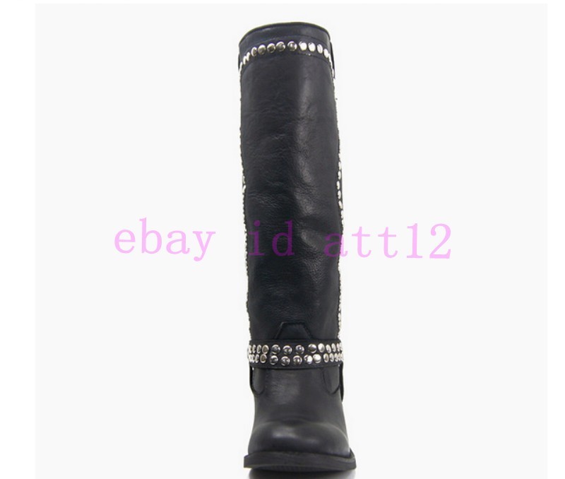 Remache de cuero para Mujer Rodilla Alta botas Tacón Tacón Tacón Bajo Sin Cordones Zapatos Romano Motor Grueso 22c952 Remache de cuero para Mujer Rodilla Alta botas Tacón Tacón Tacón Bajo Sin Cordones Zapatos Romano Motor Grueso 22c952