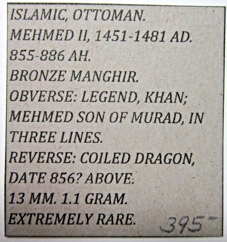 OTTOMAN TURKEY. BRONZE MANGHIR. MEHMED II, 1451-1481 AD, 855-886 AH. DRAGON. RRR - Picture 3 of 3
