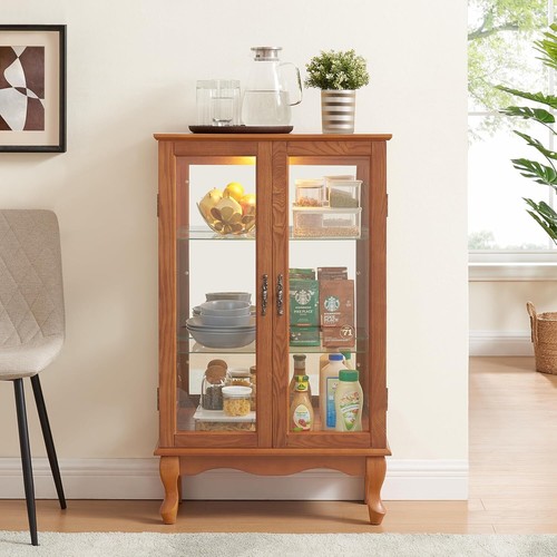 2-Doors Lighted Display Cabinet w/Adjustable Shelves, 3-Tier Bookcase Case - Picture 58 of 69