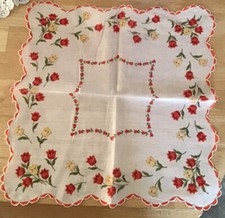 VINTAGE HANDKERCHIEF COTTON FLORAL TULIPS SCALLOPED EDGES 13X13