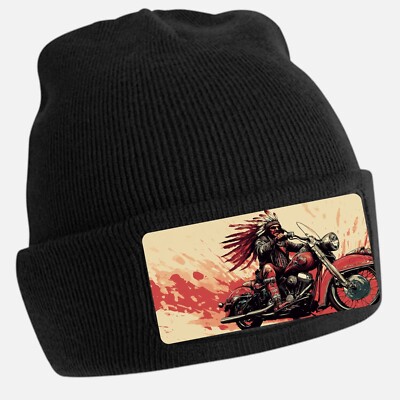 Black Beanie Hat with Cool Indian Motif - Unisex Cap, Cotton