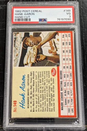 1962 Post Cereal HANK AARON PSA 3 VG Hand Cut #149 Vintage Braves ~7030