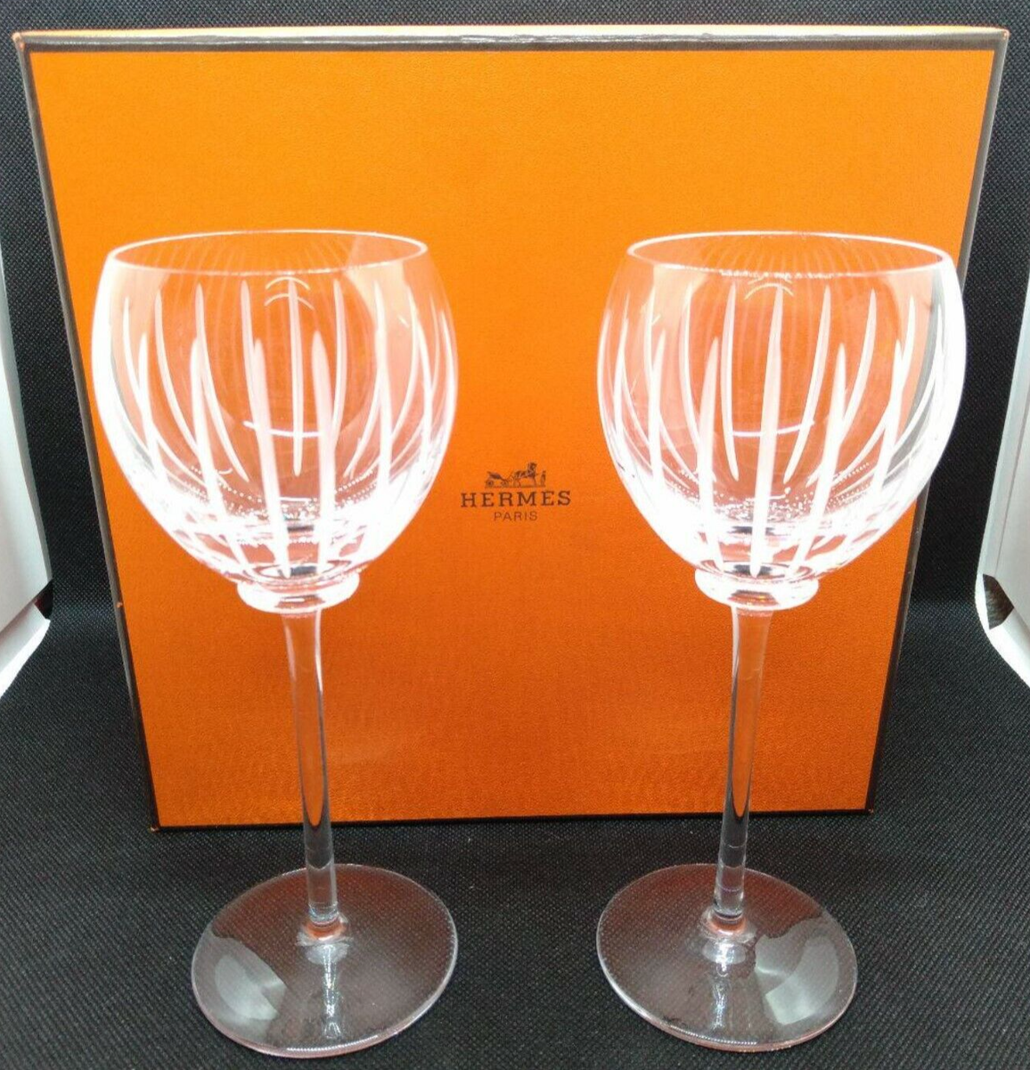 HERMES Fanfare Pair Wine Glass Crystal Clear Glasses Glassware