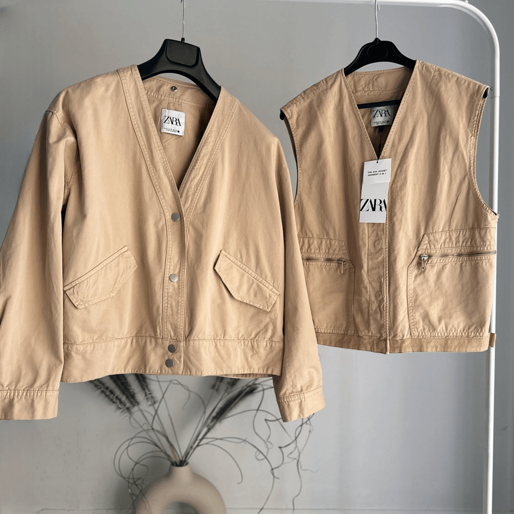 Zara Set Jacket Vest NWT Medium Cotton Oversized Beige Zara Set Jacket Vest NWT Medium Cotton Oversized Beige