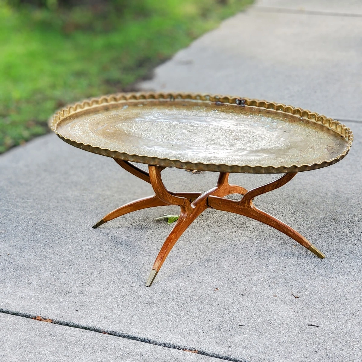 1960s Moroccan Teak and Hammered Etched Brass Oval Tray Spider Leg Coffee  Table