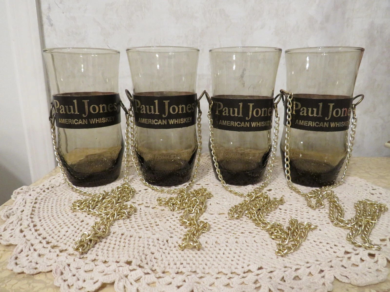 SET OF 4 VINTAGE AMBER LIBBEY PAUL JONES AMERICAN WHISKEY GLASSES WITH CHAINS
