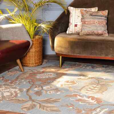 Floral Hellblau Orientalisch Oushak Handgetuftet 100% Wolle Vorleger Carpet