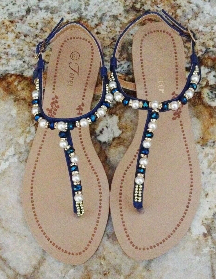 Sandalias FOREVER Mariposa azul blanco dorado con cuentas tanga correa en T para mujer talla 6,5 7,5 Foto 2 de 4