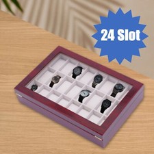 24 Slot Wooden Watch Box Display Case Glass Top Jewelry Storage Organizer  Lock
