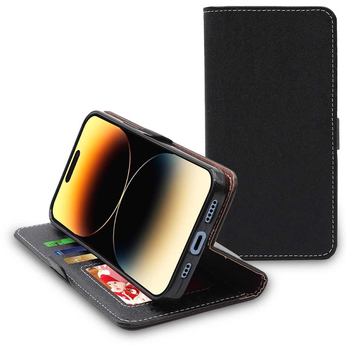 Coque Apple iPhone 14 Pro Etui Portefeuille Housse PU Cuir Porte-Cartes,  Noir | eBay