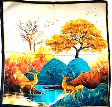 21"X21" Forest Deer Print Pure Mulberry Satin Silk12momme Scarf 53x53cm5-107