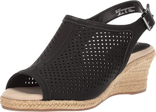 NEW EASY STREET BLACK FAUX LEATHER COMFORT WEDGE SANDALS SIZE 8 WW EXTRA WIDE