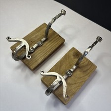 Set Of 2 Hand Forged Twisted Iron Coat  Hat Wall Hook Silver Mounted Wood Block