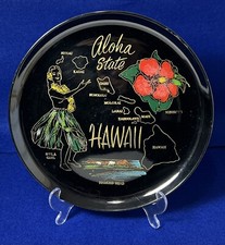 Vintage Hawaii Souvenir Serving Tray 10-3/4” Round Black Plastic Preowned