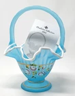Fenton White Crested Blue Topaz Basket, Charleton Collection. 2002 Signed Art 9"
