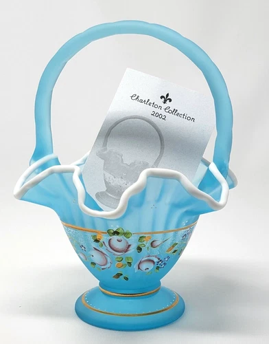 Fenton White Crested Blue Topaz Basket, Charleton Collection. 2002 Signed Art 9"