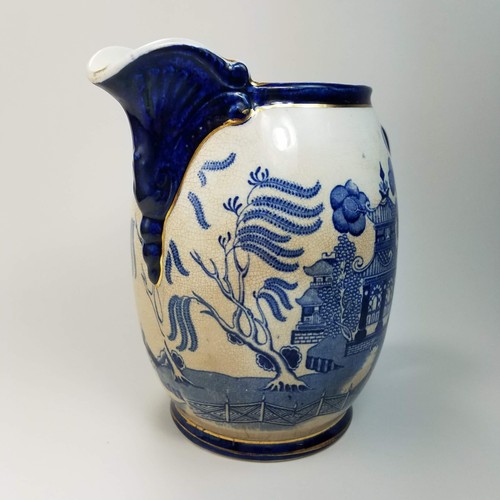 Antique Buffalo Pottery Blue Willow Pitcher Jug 1906 Gold Trim 7" Tall Crazed - Picture 8 of 15