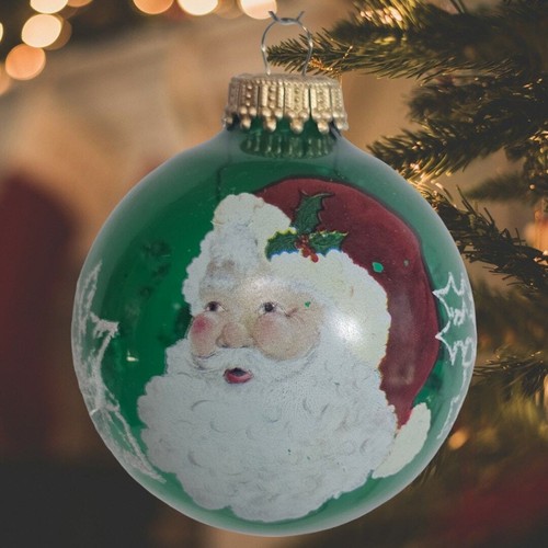 Vintage Hand Painted Glass Christmas Ornament Santa Claus Poinsettia Stocking