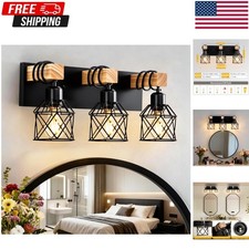 3-Light Farmhouse Bathroom Sconce Rustic Wood Black Metal Vanity Light Fixture