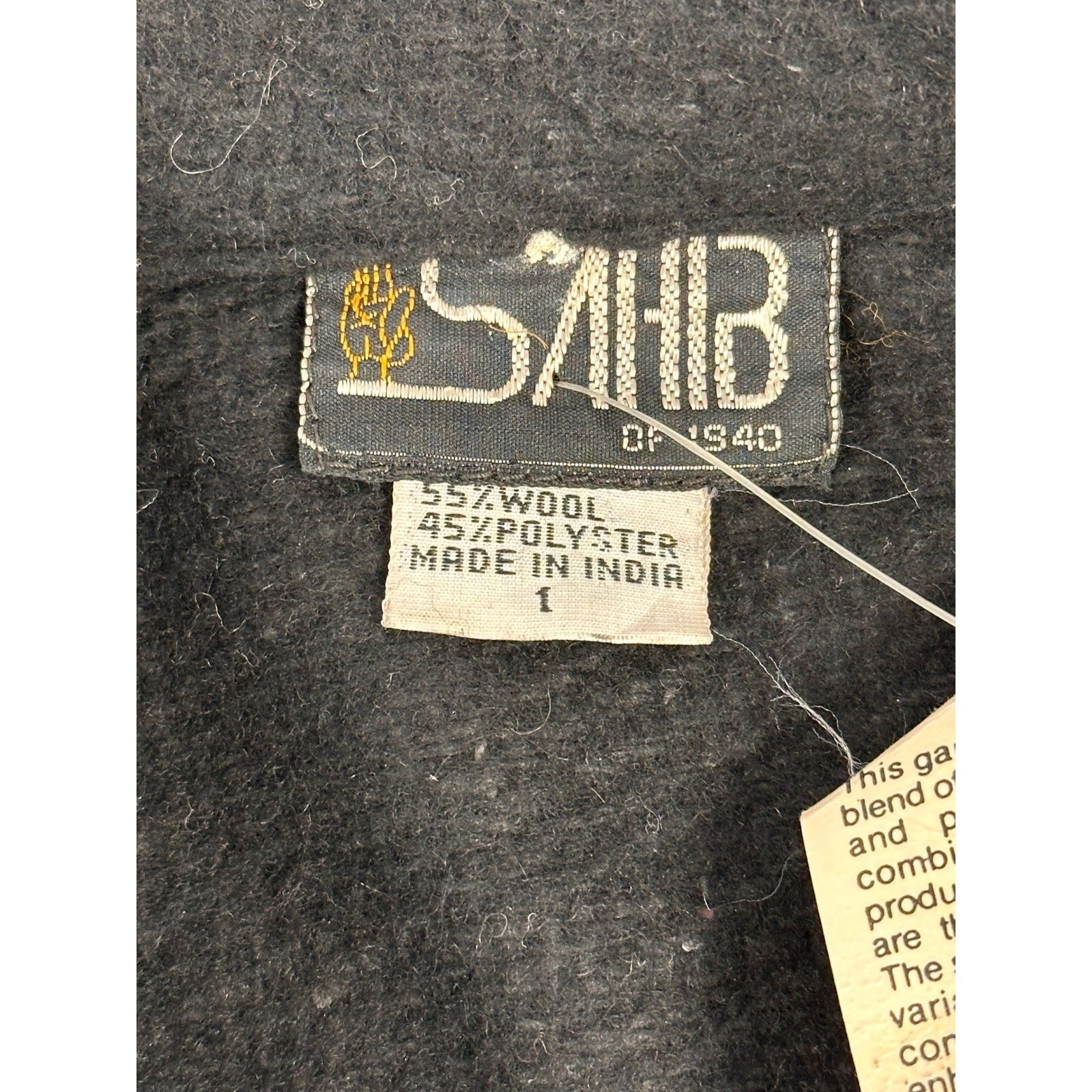 SAHIB OF 1940 Black Wool Blend Zip Up Jacket Mens Size XL Long Sleeve