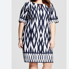 Sandra Darren Navy & White Ikat Pattern Midi Dress, Career, Stretchy 14W