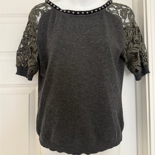 Alberta Ferretti 100% Virgin Wool Top w Macramé Lace Sleeves, Size 8, EUC