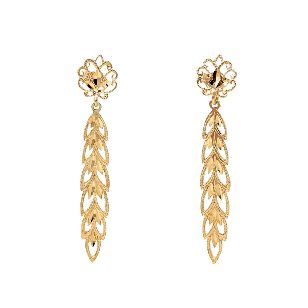 13K Gold Feather Drop Diamond Cut Drop Earrings