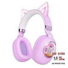 Kids Headphones Bluetooth 5.4 - Cat Ear LED Light Up Noise Cancelling Purple