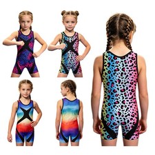 Girls Leotard Gymnastics Jumpsuit Color Block Patchwork Bodysuit Sports Fitness