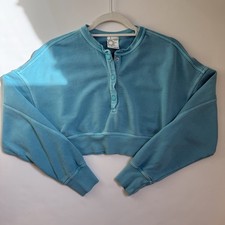 Aerie Cropped Henley Pullover Sweatshirt Womens XXS Petite Aqua Blue